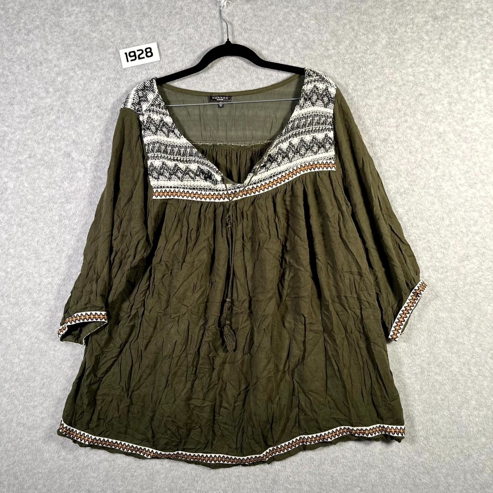 Hannah Blouse Womens 2X Olive‎ Green Viscose Boho Embroidered Tassel V Neck